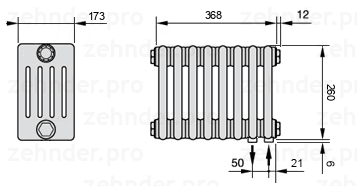 Схема (чертеж) Радиатор Zehnder Charleston 5026/8 №5510 Белый глянцевый RAL 9016